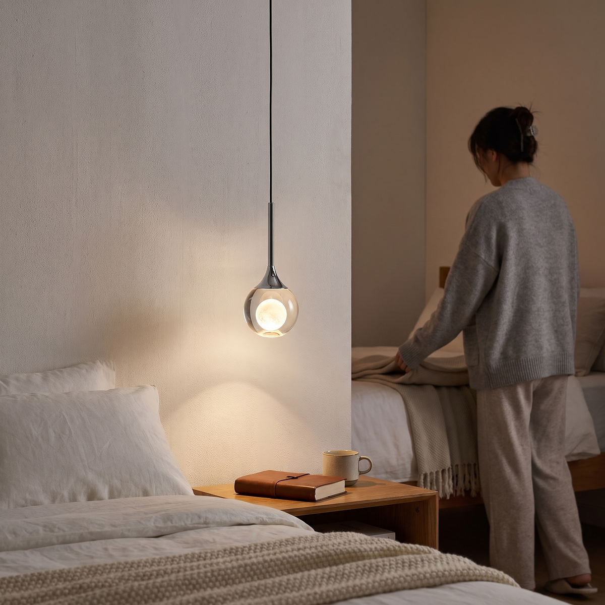 Crystal-effect teardrop pendant light with moon-texture centre beside a bed