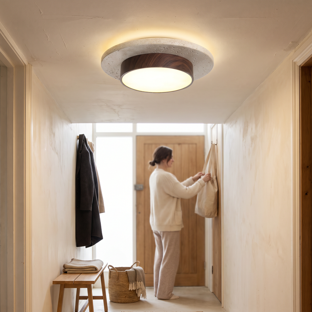 Travertine LED ceiling light with walnut-effect drum in a hallway