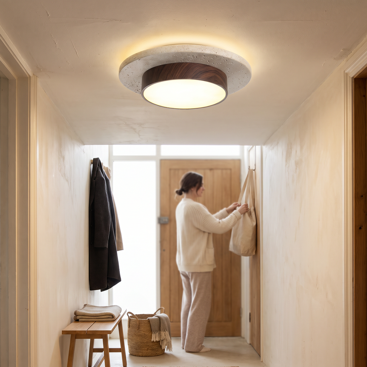 Travertine LED ceiling light with walnut-effect drum in a hallway