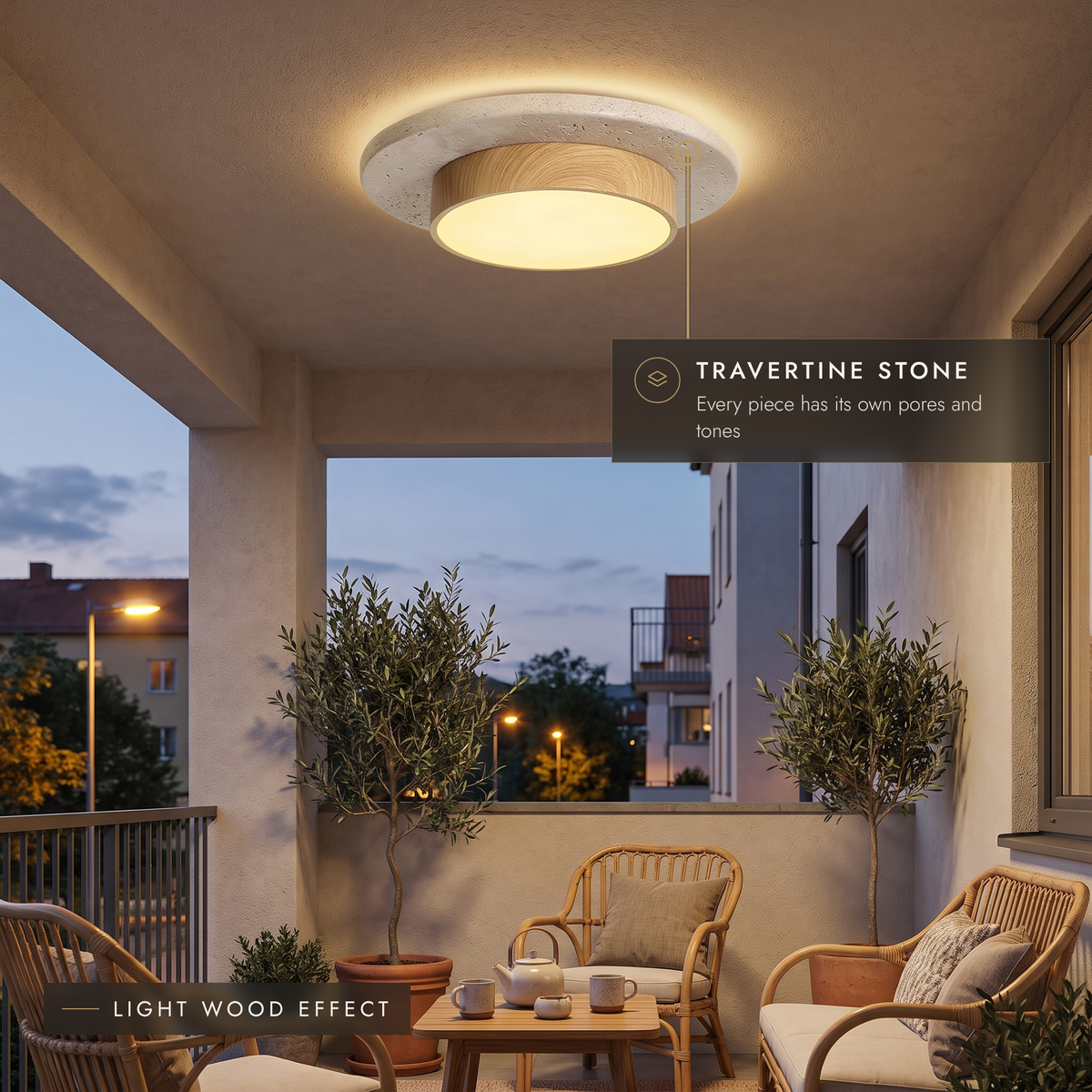 Travertine LED ceiling light with light wood-effect drum on a balcony
