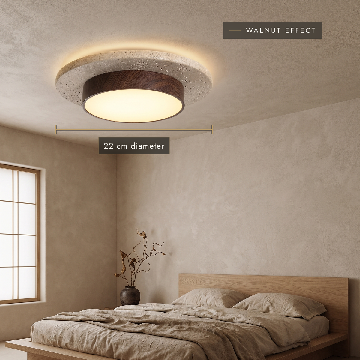 Walnut-effect travertine LED ceiling light, 22 cm, in a bedroom