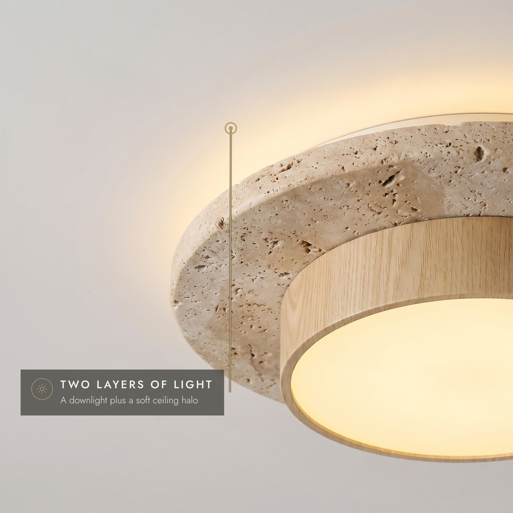 Close-up of the travertine LED ceiling light showing downlight and ceiling halo