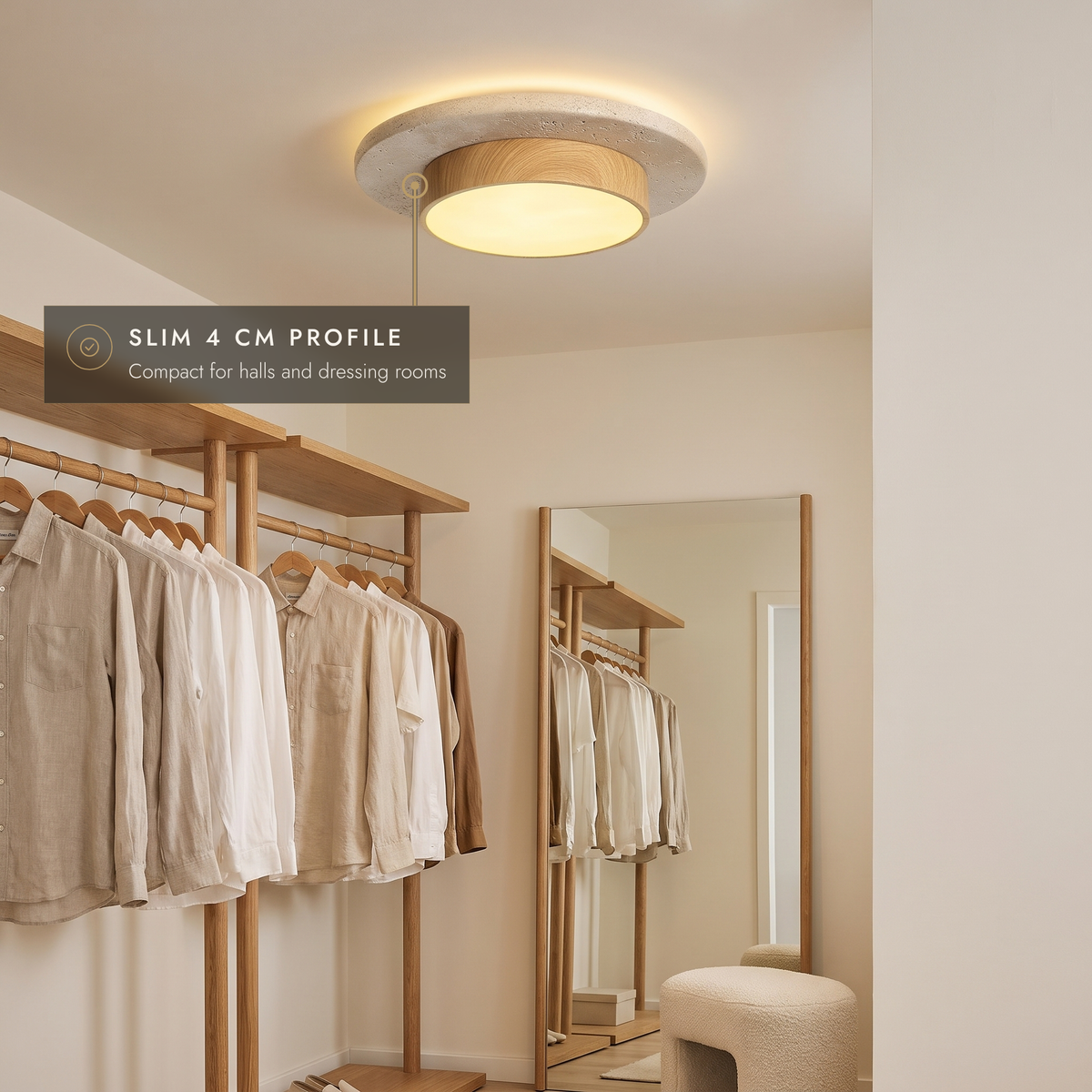 Light wood-effect travertine LED ceiling light in a dressing room