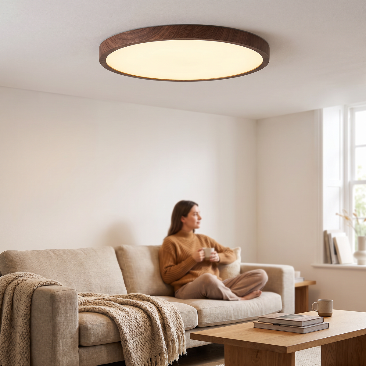 Walnut-effect ultra-thin LED ceiling light in a living room