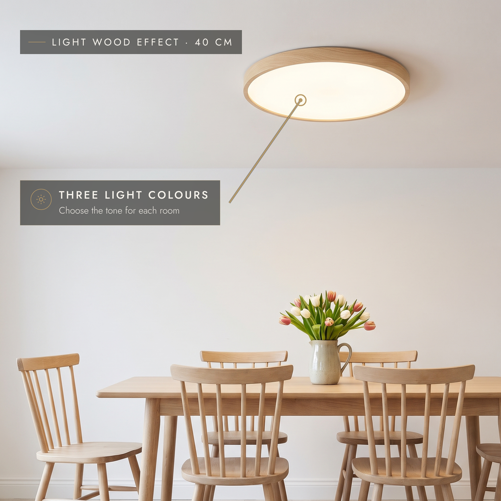 Light wood-effect ultra-thin LED ceiling light, 40 cm, above a dining table