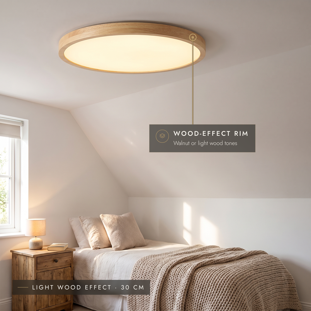 Light wood-effect ultra-thin LED ceiling light, 30 cm, in an attic bedroom