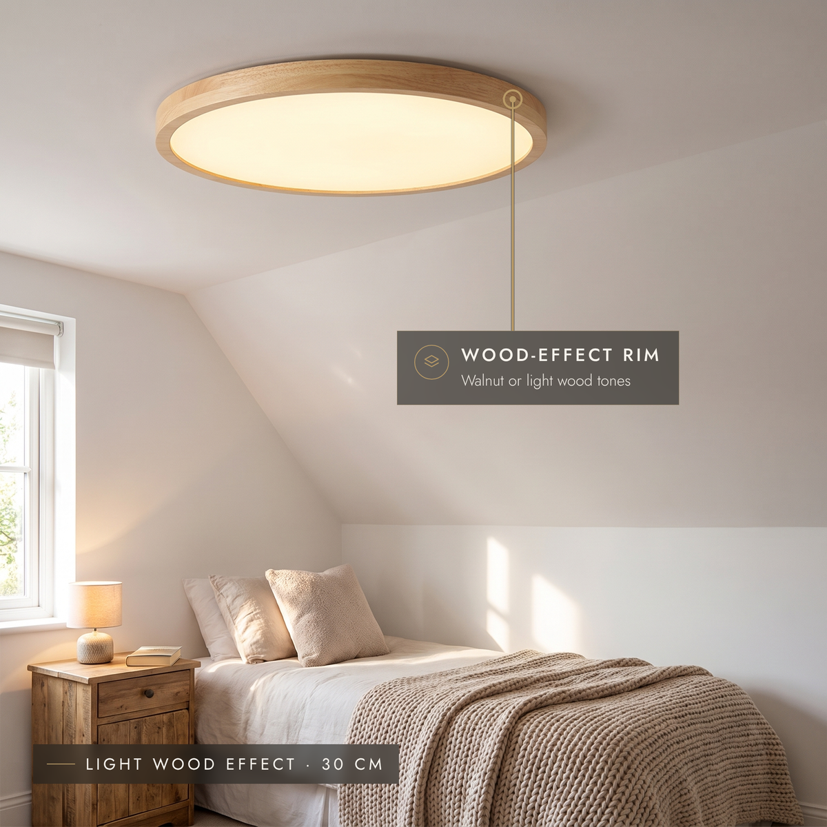 Light wood-effect ultra-thin LED ceiling light, 30 cm, in an attic bedroom
