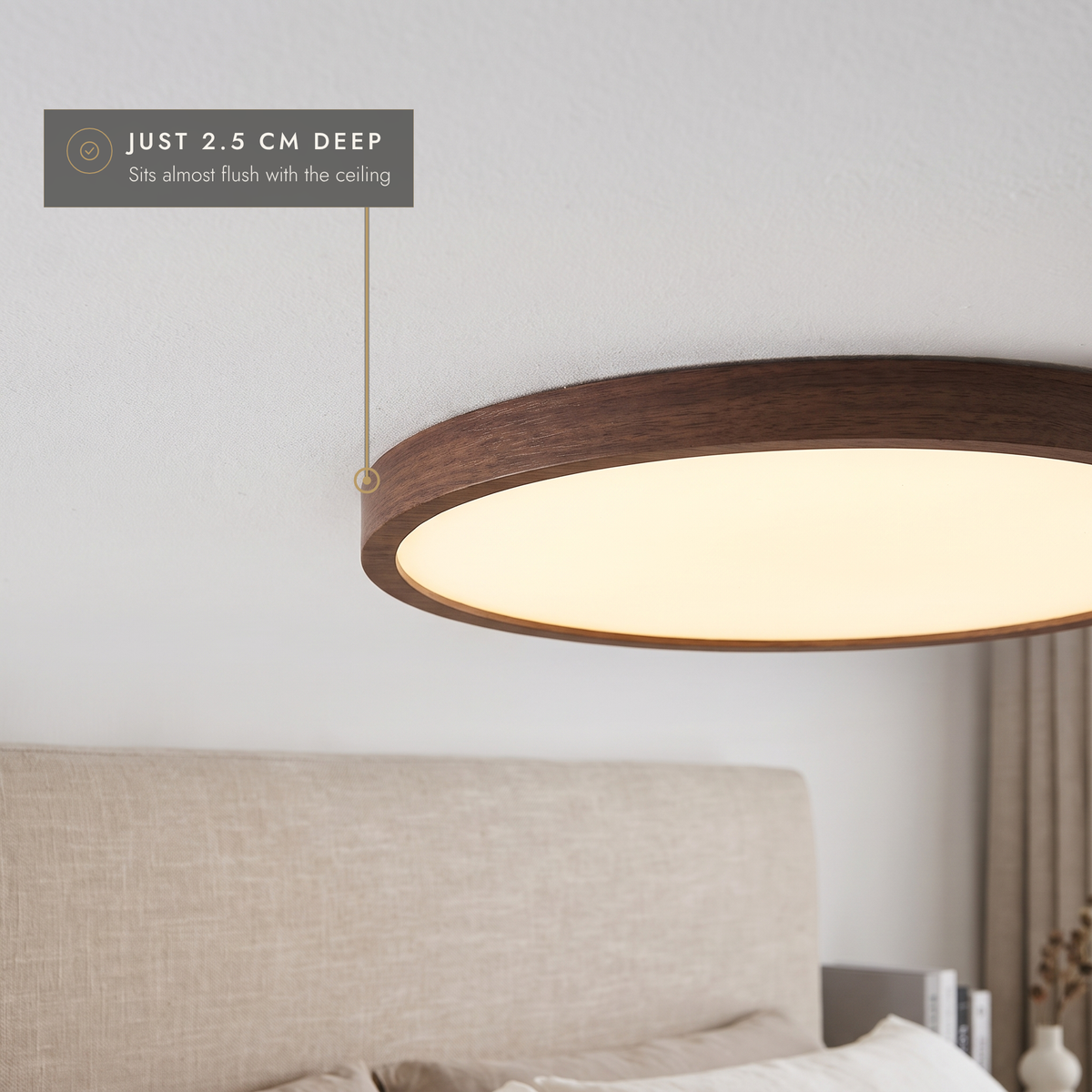 Close-up of the 2.5 cm deep walnut-effect LED ceiling light