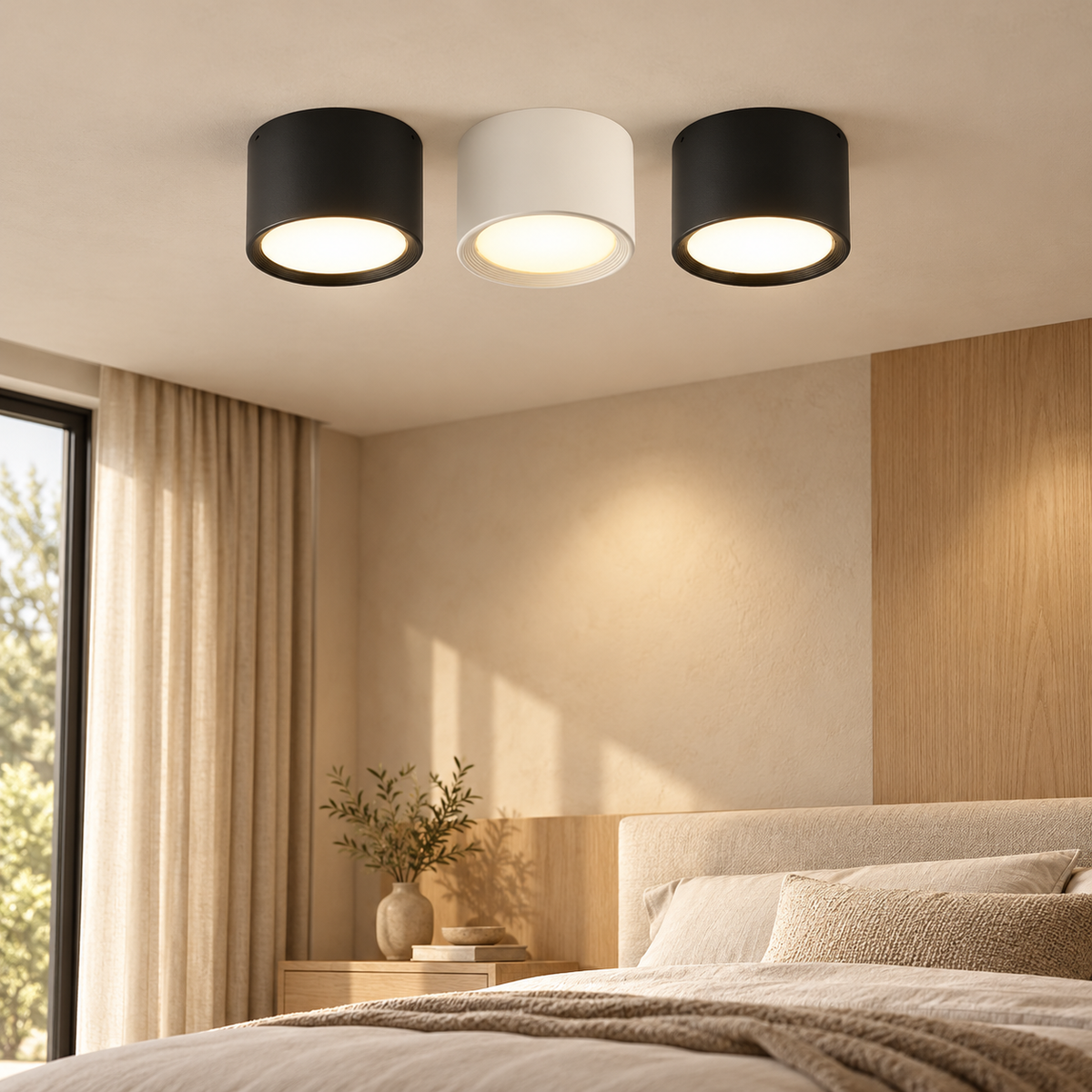 Black and white surface mounted LED downlights in a warm contemporary bedroom