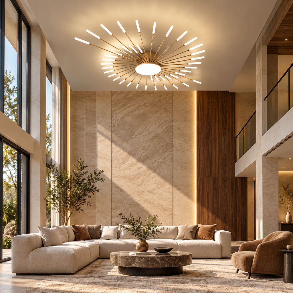 Firework ceiling chandelier in a contemporary living room