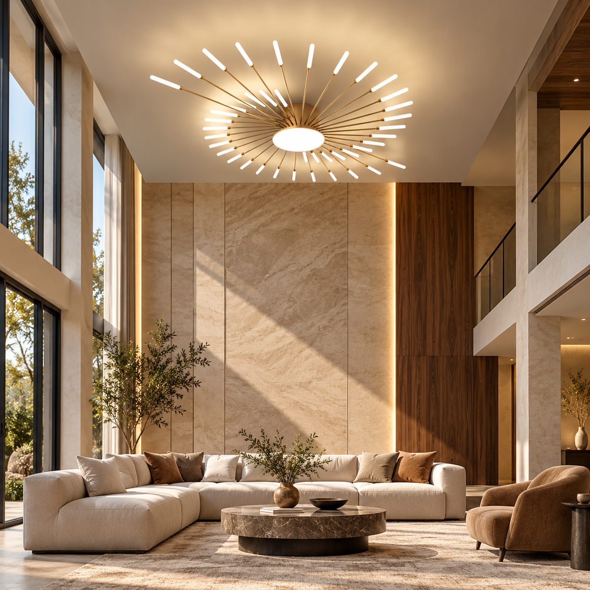 Firework ceiling chandelier in a contemporary living room