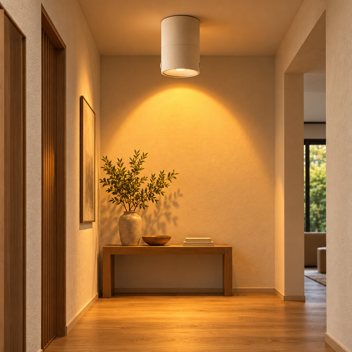 Foldable COB ceiling spotlight illuminating a contemporary hallway