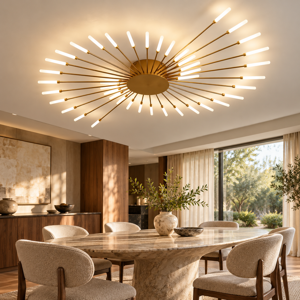 Gold LED spiral ceiling chandelier above a dining table