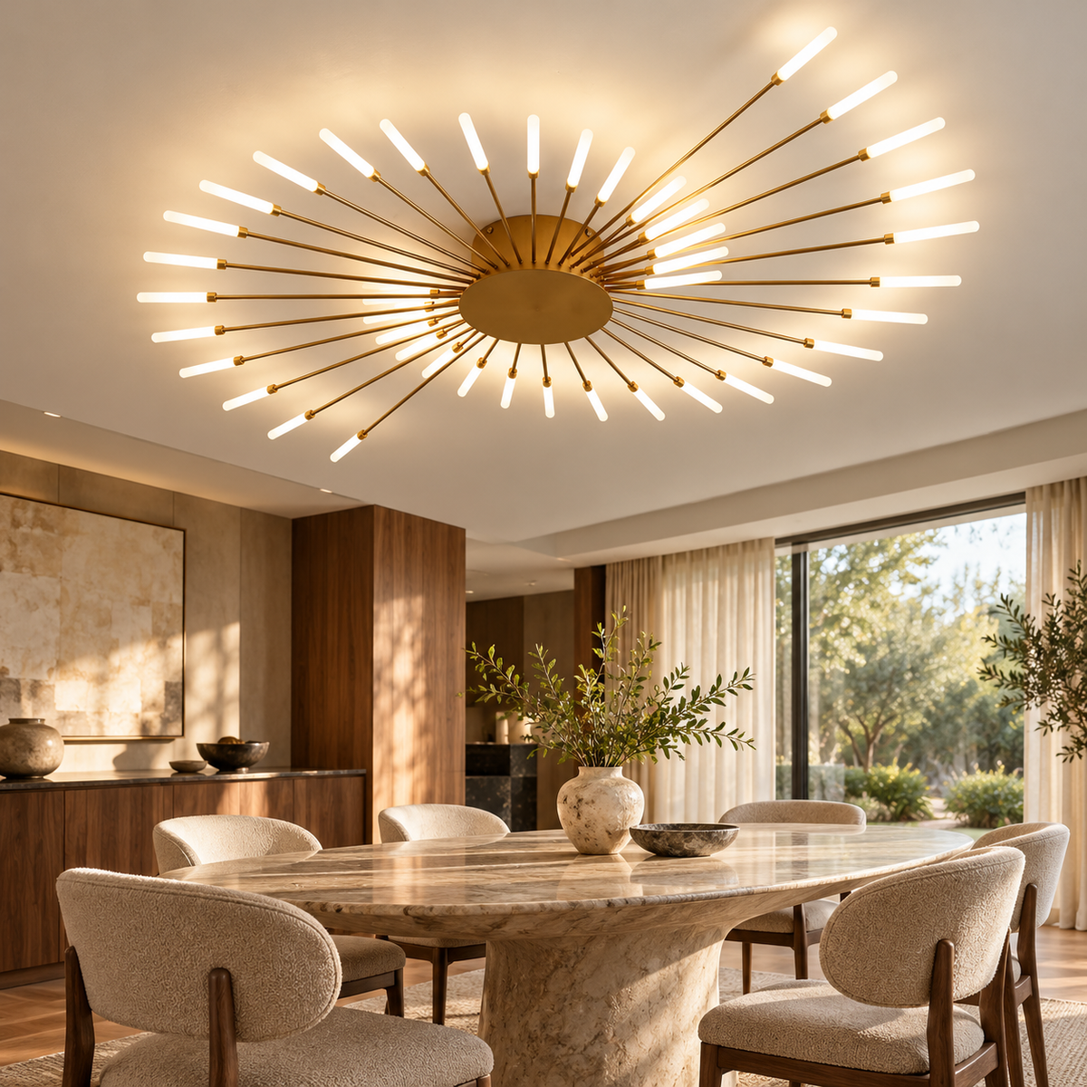 Gold LED spiral ceiling chandelier above a dining table