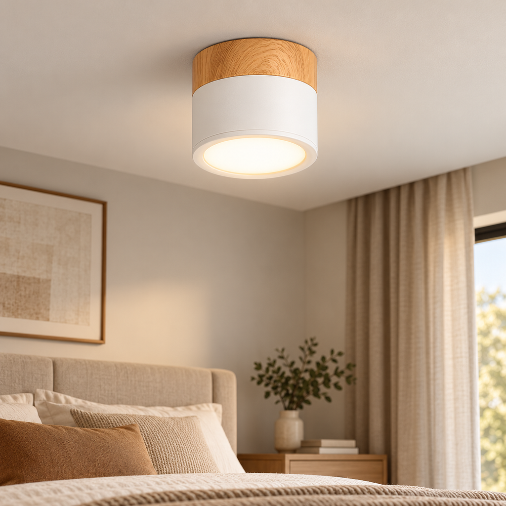 Wood-style LED ceiling downlight in a warm neutral bedroom