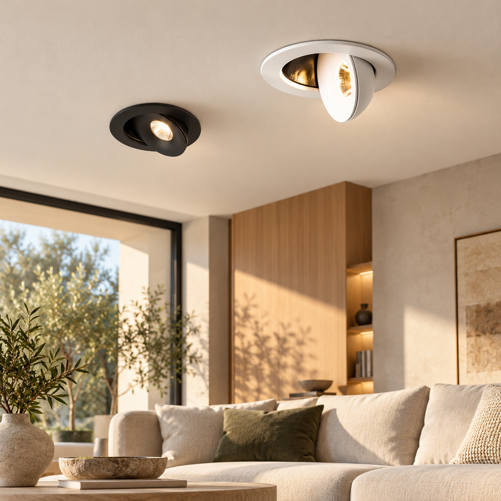 Adjustable recessed COB LED downlights in a contemporary living space