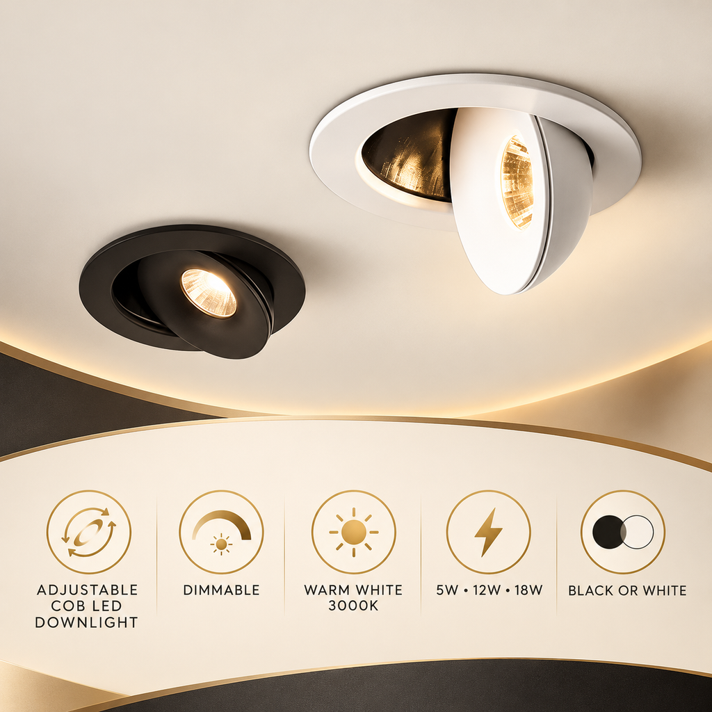 Adjustable COB LED Downlight options infographic with no dimensions