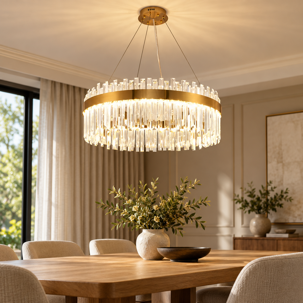Gold Crystal Pendant Chandelier – Round or Oval Remote Dimmable Ceiling Light shown in a refined contemporary interior