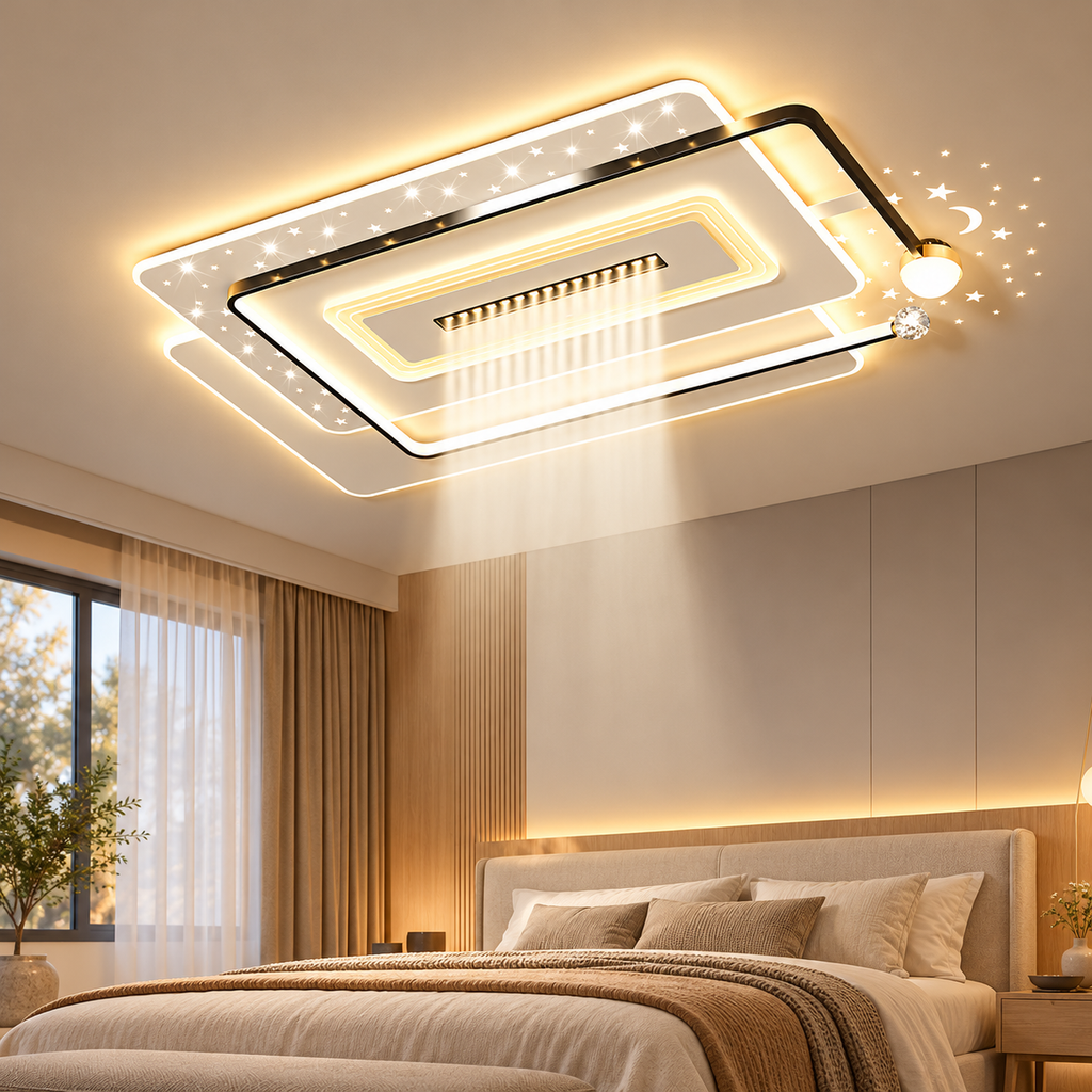 Dimmable LED Ceiling Light with Spotlights – Remote-Control Square, Rectangle, Cloud or Circle shown in a refined contemporary interior