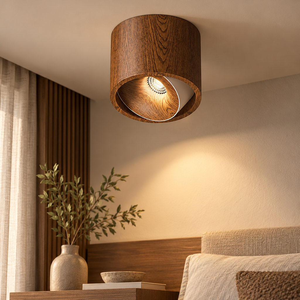 Wood-Style Adjustable LED Ceiling Light – Japandi 7W Downlight, Walnut or Light Wood Colour shown in a refined contemporary interior