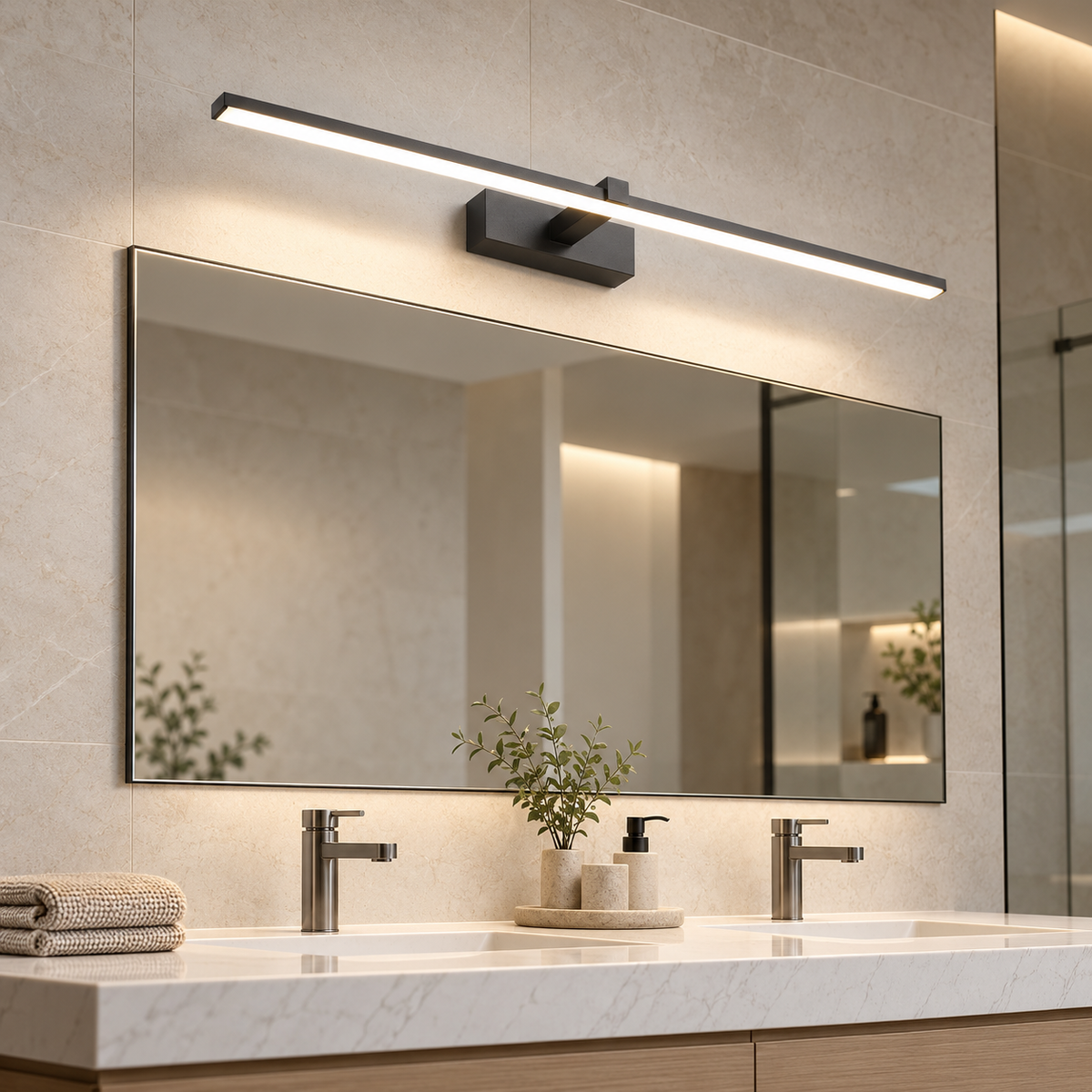 Linear LED Mirror Light – Black or White Wall-Mounted Vanity Lamp, 40cm & 60cm shown in a refined contemporary interior
