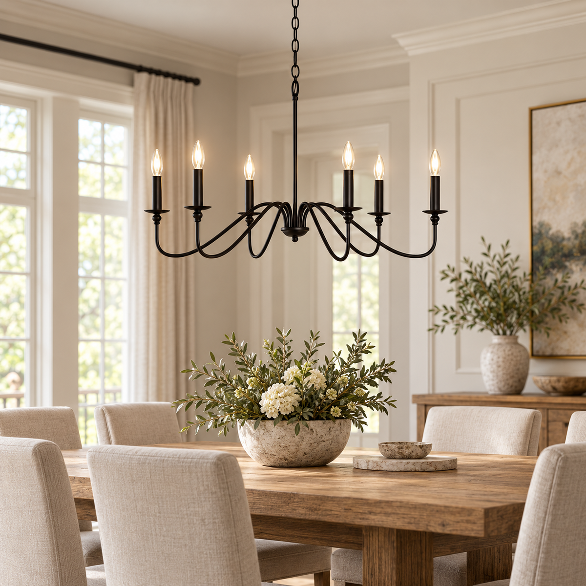Vintage Candle Chandelier – Black or Gold 4, 6 & 8-Light Dining Room Pendant shown in a refined contemporary interior