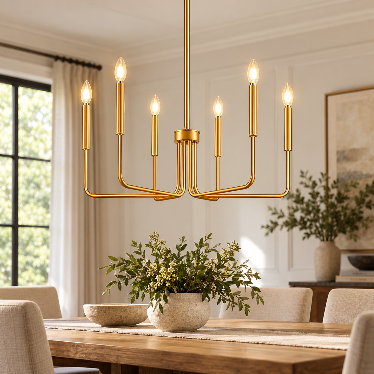 Six-Light Candle Chandelier – Black, Gold or Black & Gold Retro Loft Pendant shown in a refined contemporary interior
