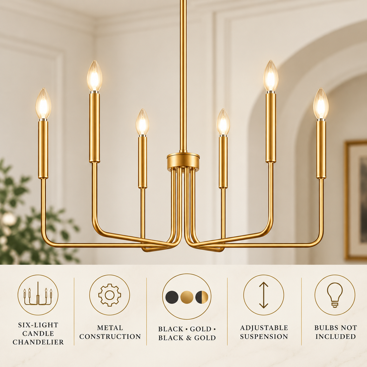 Six-Light Candle Chandelier options infographic with no dimensions