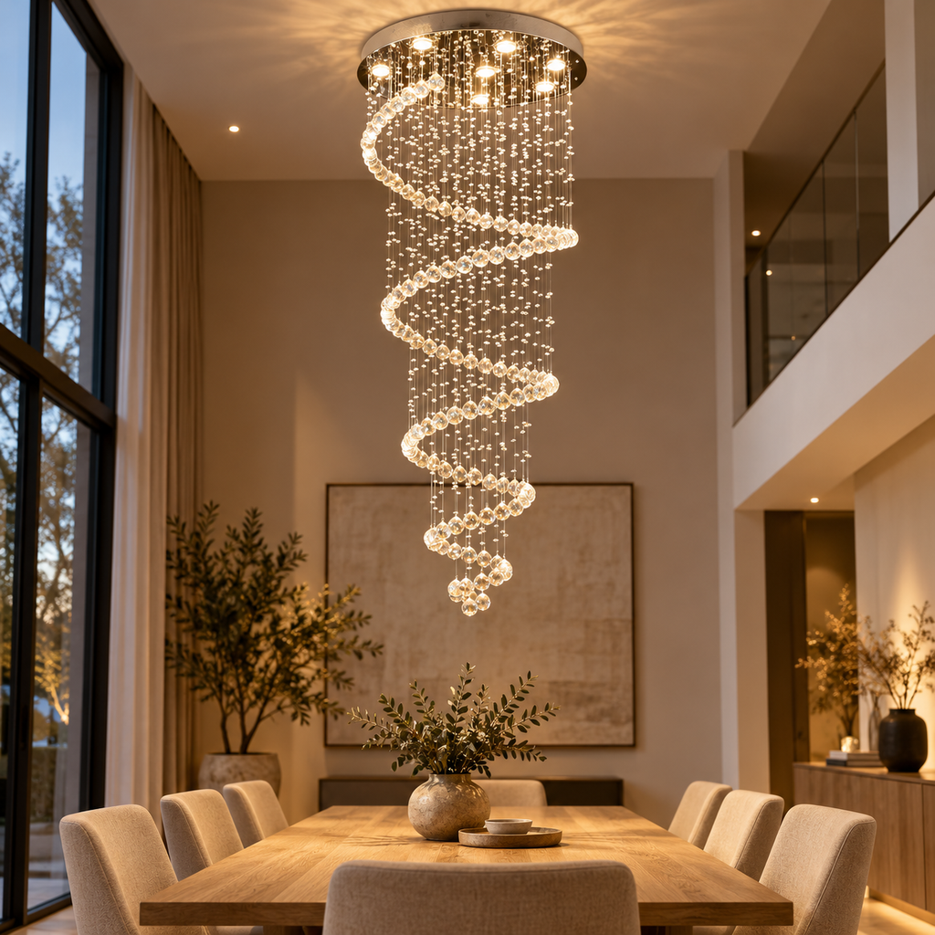Spiral Crystal LED Chandelier – Long Drop Staircase & High-Ceiling Pendant Light shown in a refined contemporary interior