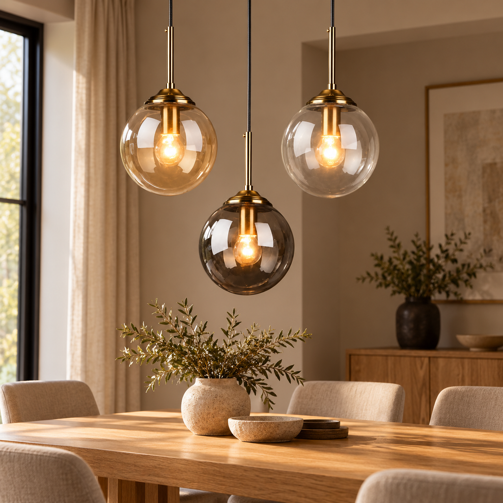 Glass Globe Pendant Light – Amber, Smoky Grey or Clear Dining & Bedside Chandelier shown in a refined contemporary interior