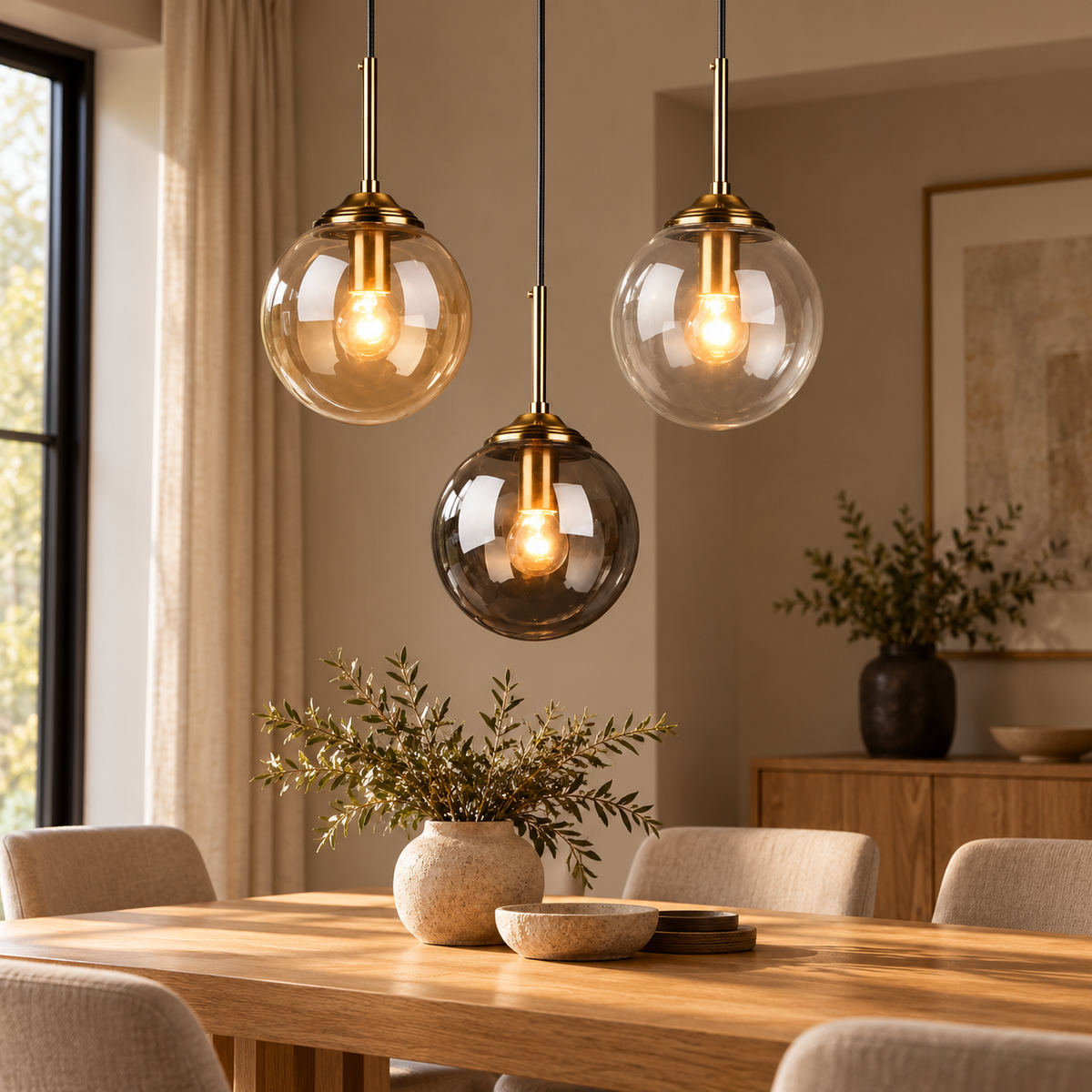 Glass Globe Pendant Light – Amber, Smoky Grey or Clear Dining & Bedside Chandelier shown in a refined contemporary interior