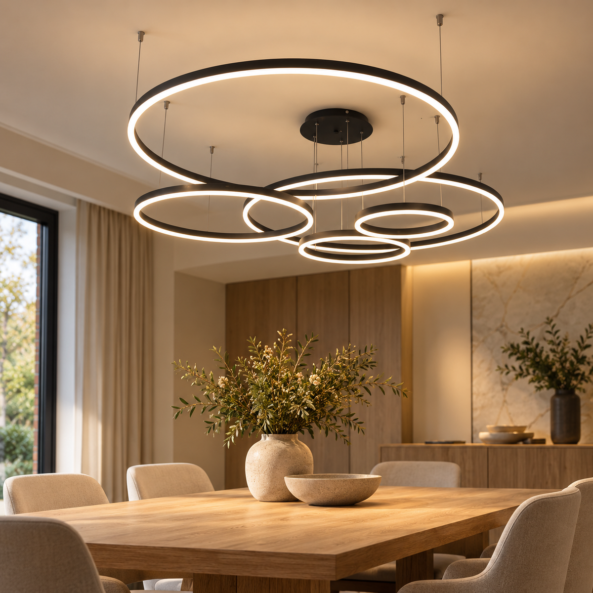 LED Ring Pendant Chandelier – Black, Gold or Coffee Circular Ceiling Light shown in a refined contemporary interior