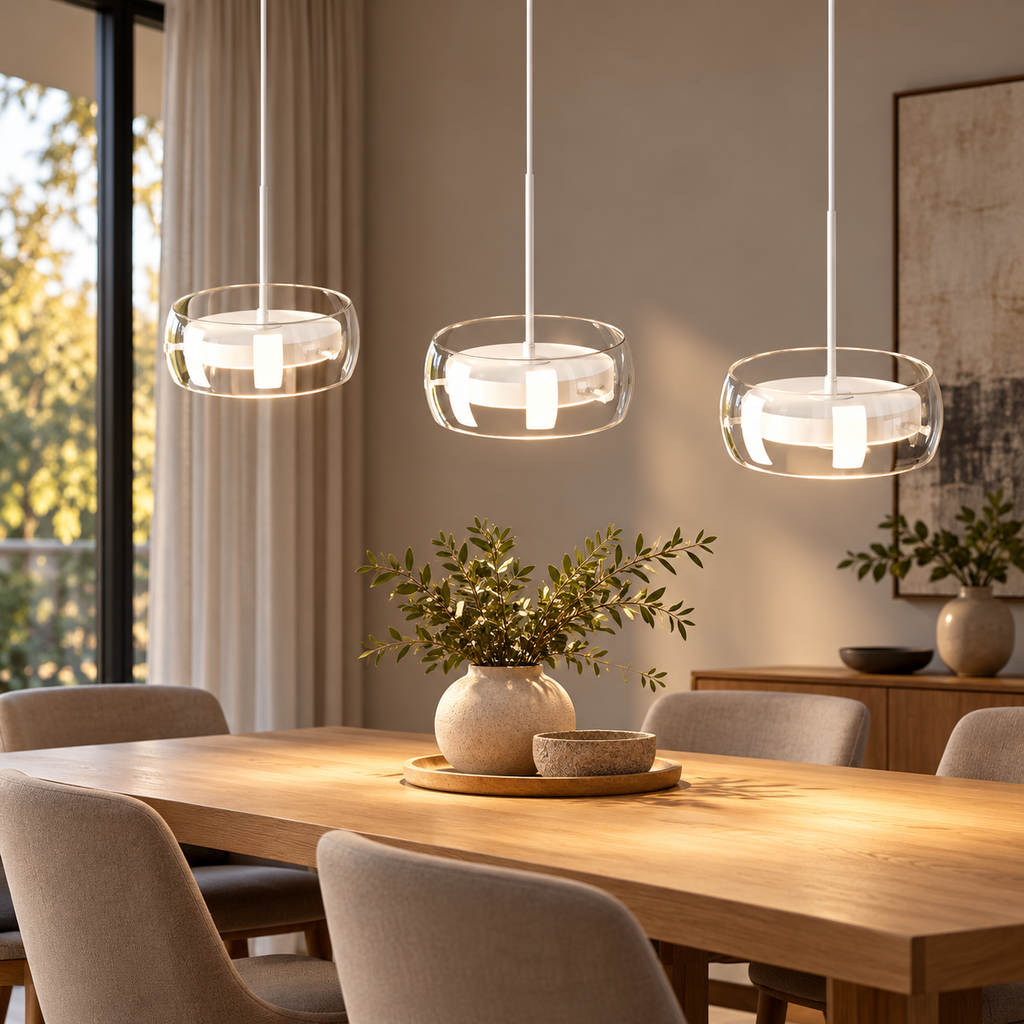 Modern LED Disc Pendant Light – White, Black or Chrome Dining & Staircase Chandelier shown in a refined contemporary interior