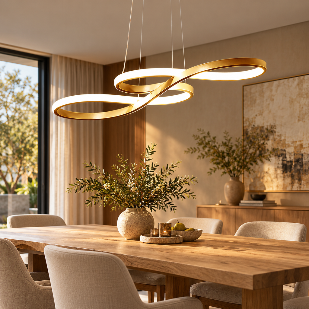 Sculptural LED Kitchen Island Pendant Light – Black, White or Gold Dimmable Chandelier shown in a refined contemporary interior