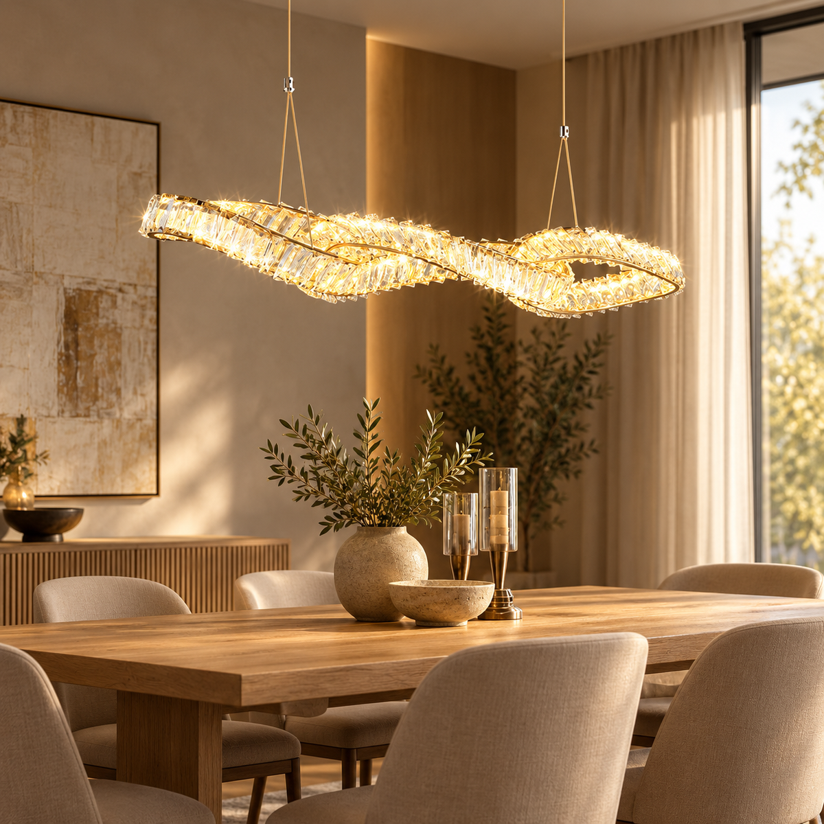 French Gold Crystal LED Pendant Light – Sculptural Dining Chandelier & Bedside Lamp shown in a refined contemporary interior