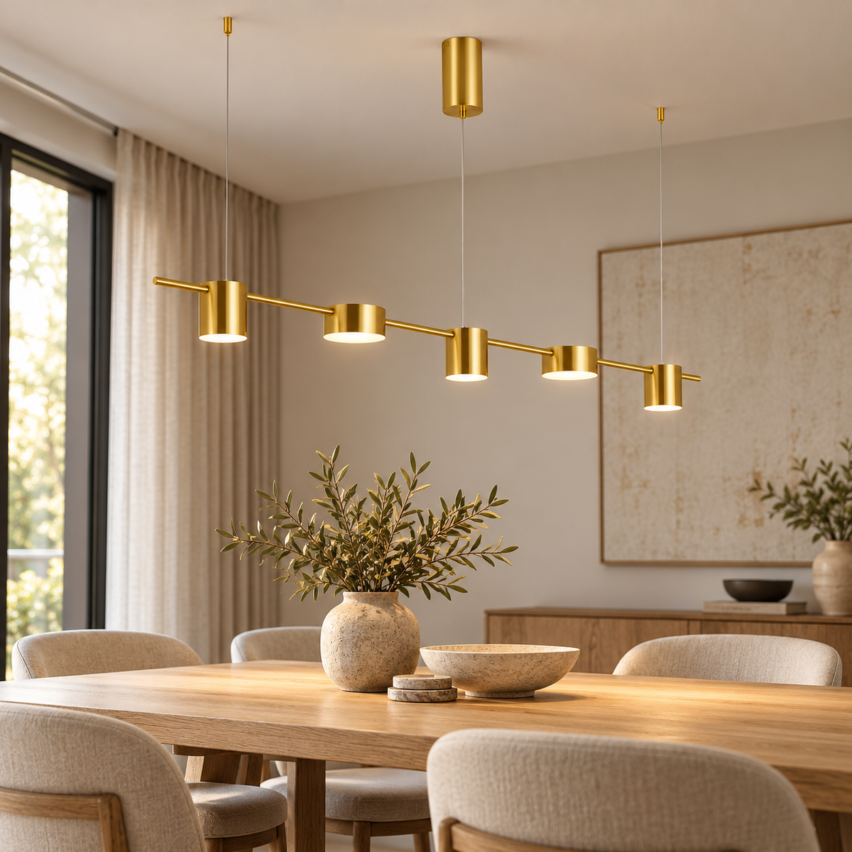 Linear LED Dining Pendant Light – Black or Gold 3, 5 & 6-Head Kitchen Island Chandelier shown in a refined contemporary interior