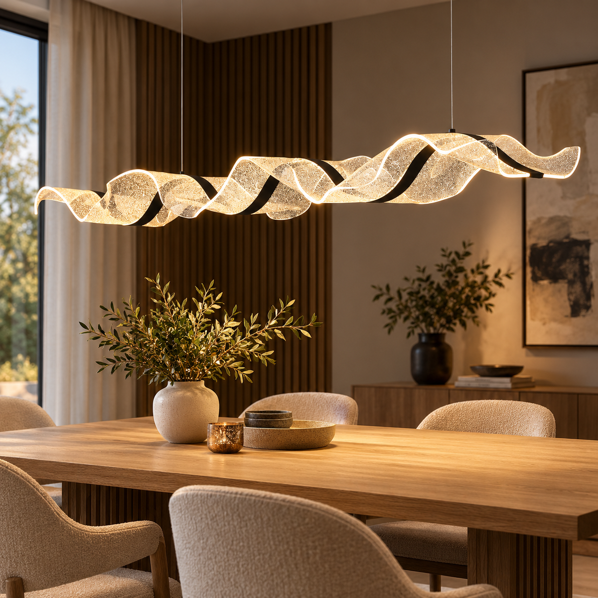 Wave LED Pendant Light – Black, Gold or White Sculptural Dining Chandelier, 100–220cm shown in a refined contemporary interior