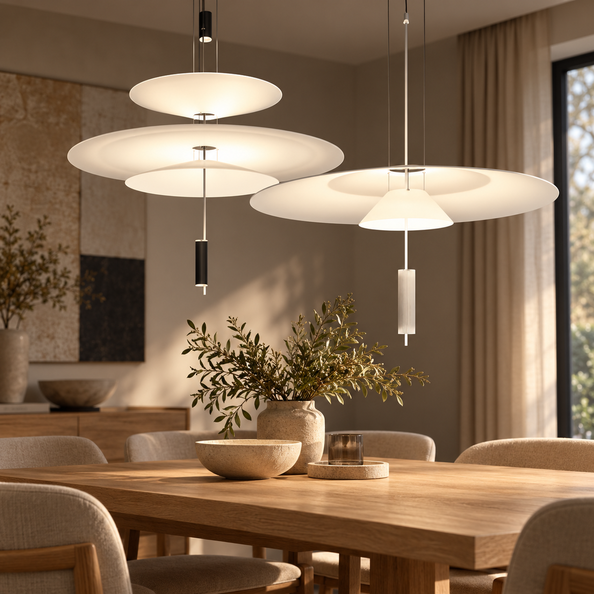 Layered Disc Pendant Light – Sculptural UFO-Style Chandelier in Black, White or Gold shown in a refined contemporary interior