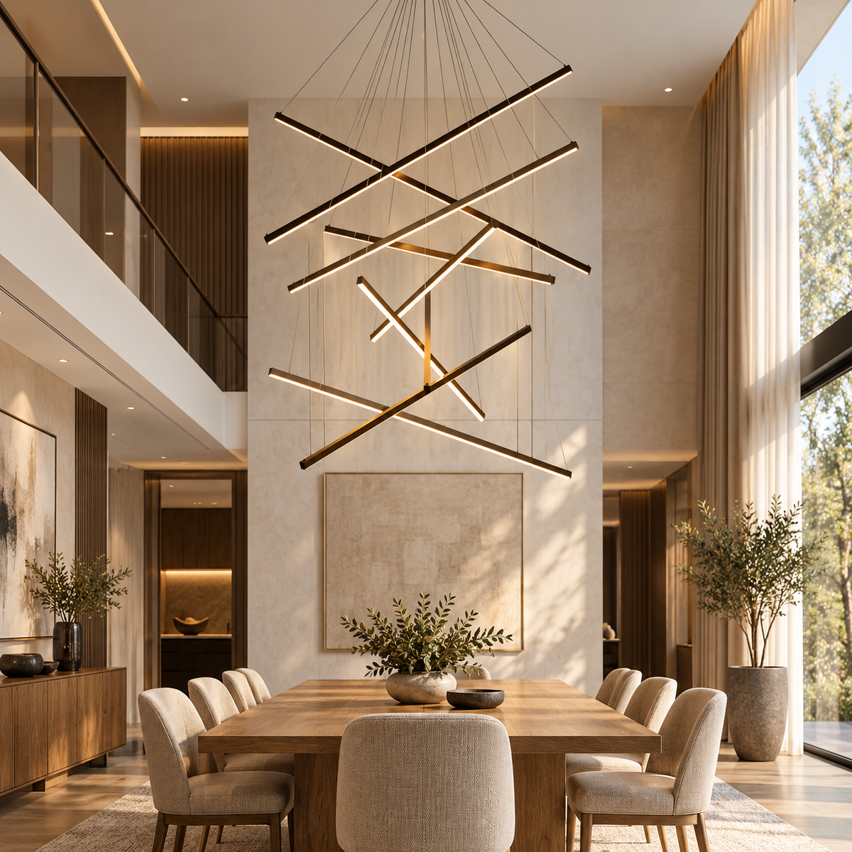LED Bar Staircase Chandelier – Sculptural Long Drop Pendant for High Ceilings shown in a refined contemporary interior