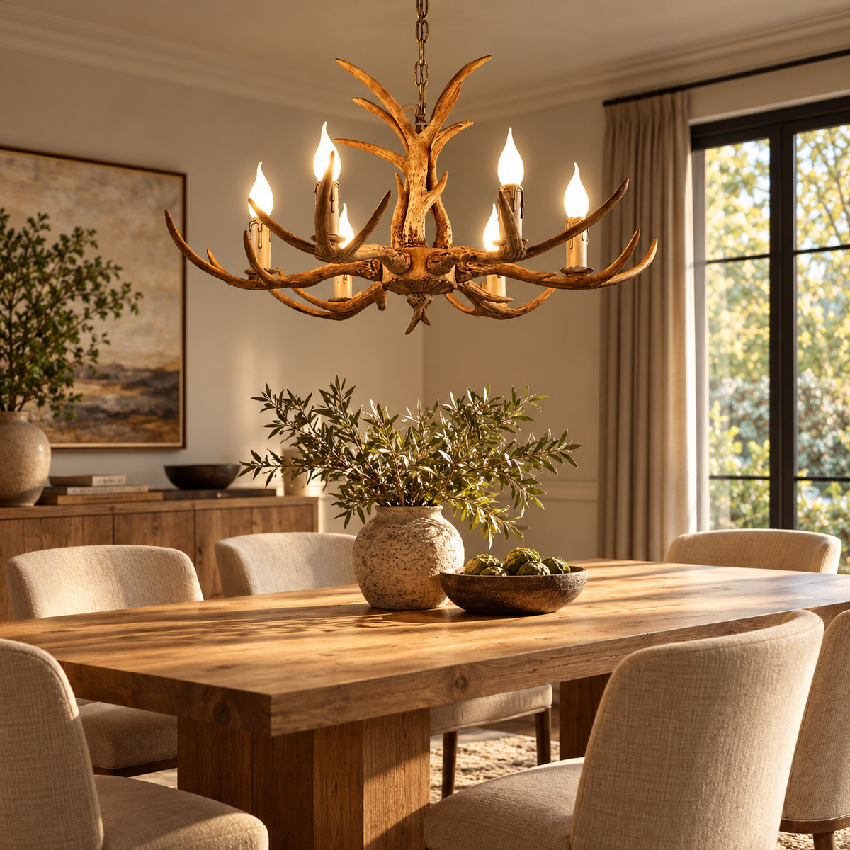 Brown Antler-Style Chandelier – Six-Light Rustic Ceiling Pendant for Dining & Living Rooms shown in a refined contemporary interior