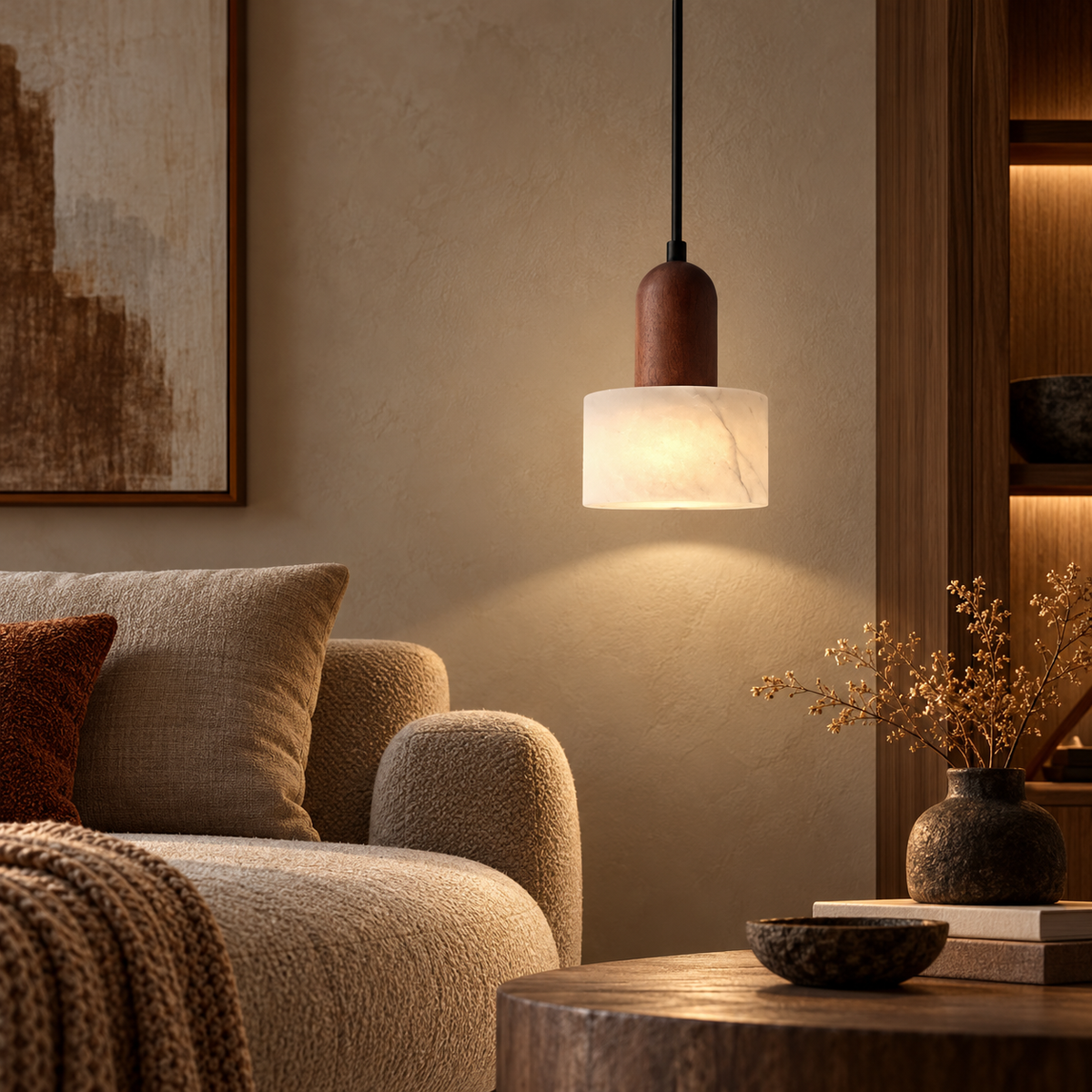 Marble & Wood Pendant or Wall Light – Wabi-Sabi Bedside Lamp, Walnut or Light Wood Colour shown in a refined contemporary interior