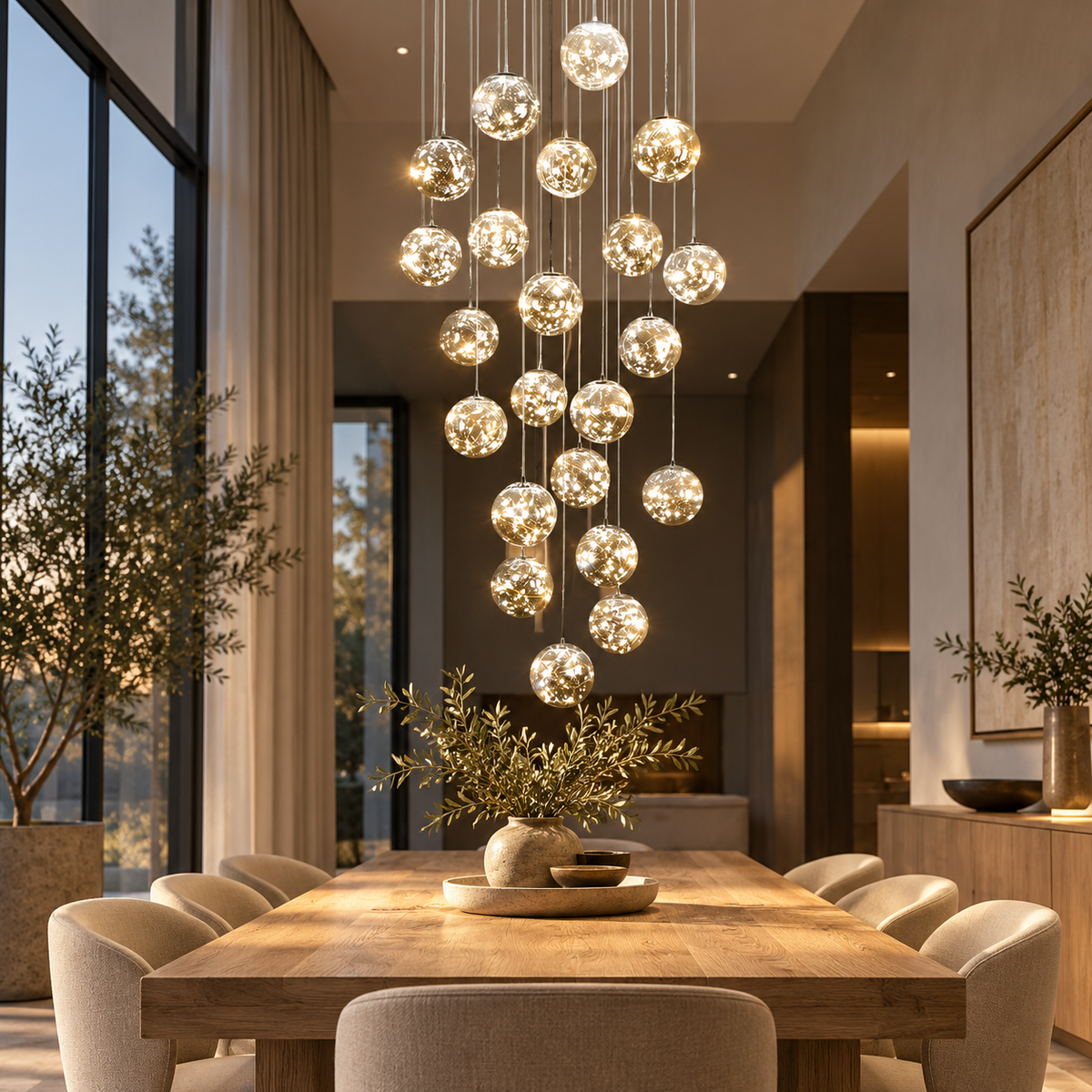 Cascading Glass Ball LED Chandelier – Cognac or Smoky Grey Staircase Pendant, 3–30 Heads shown in a refined contemporary interior