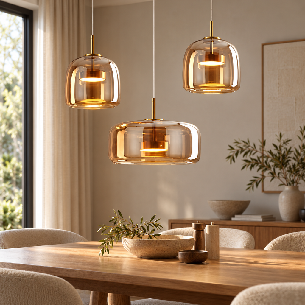 Glass Shade LED Pendant Light – Amber or Smoky Grey Nordic Dining & Kitchen Lamp shown in a refined contemporary interior