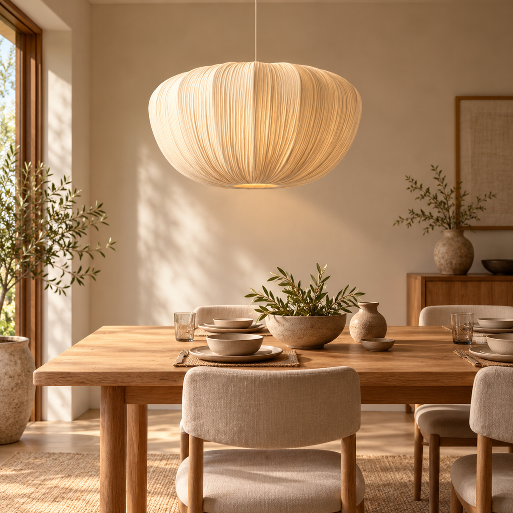 Pleated Fabric Pendant Light – Wabi-Sabi E27 Dining & Bedroom Ceiling Lamp, 50–80cm shown in a refined contemporary interior