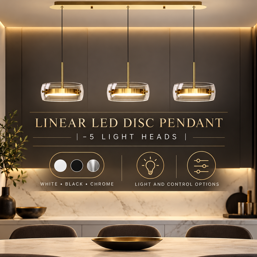 Linear LED Disc Pendant options infographic with no dimensions