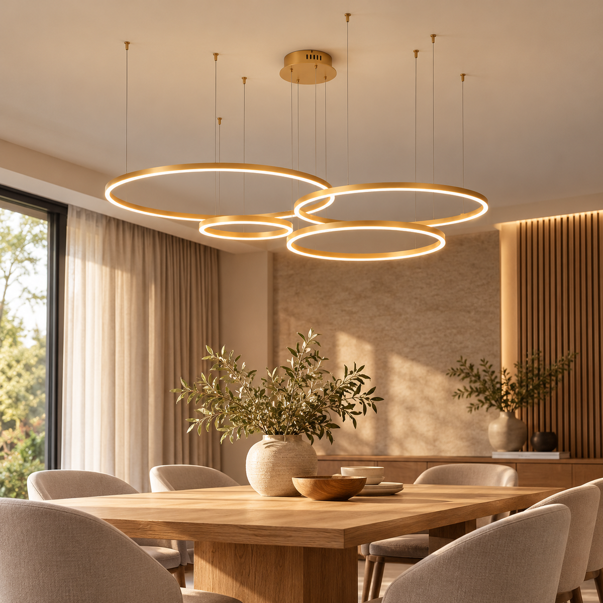 Circular LED Ring Pendant Light – Brown, Black, Gold or White Ceiling Chandelier shown in a refined contemporary interior
