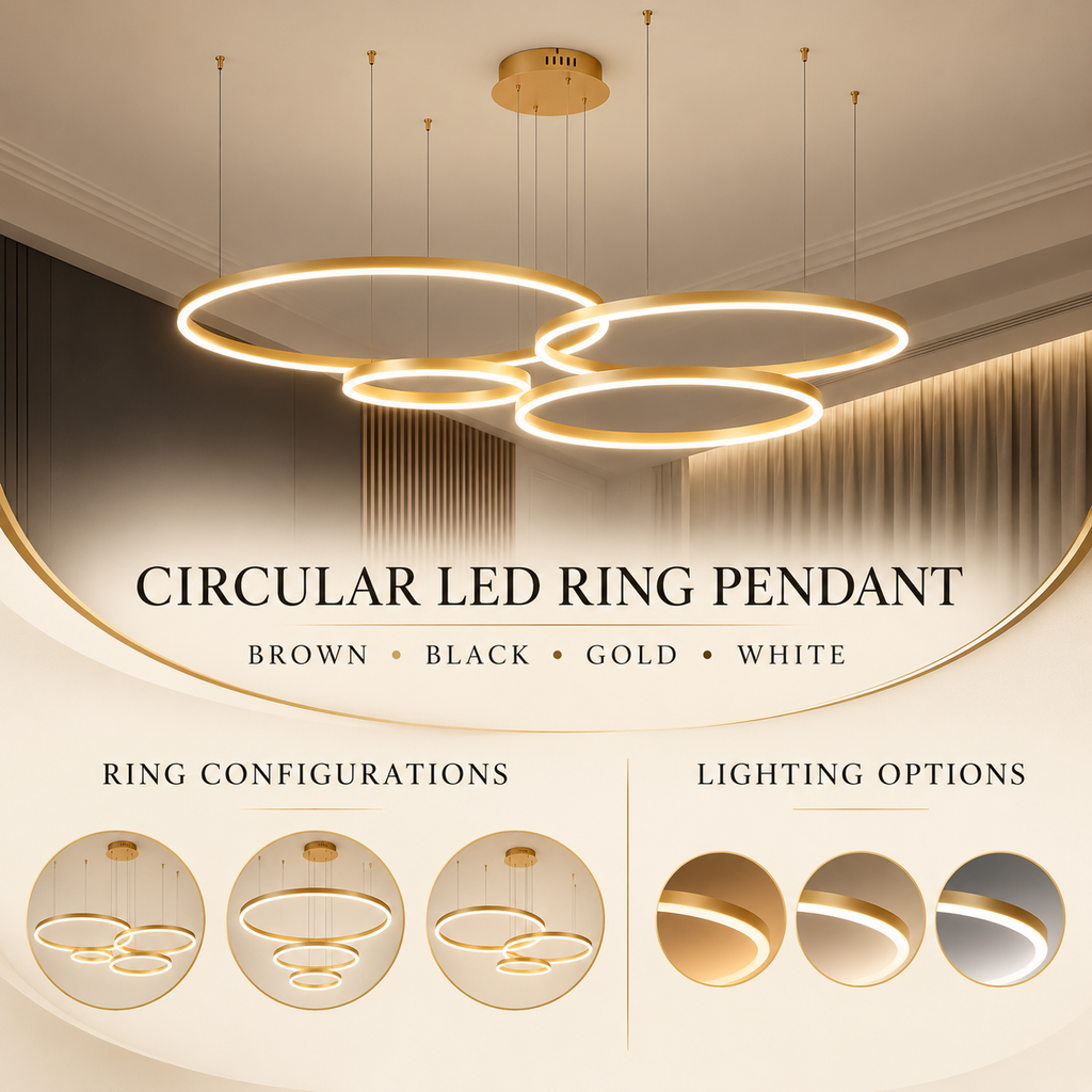 Circular LED Ring Pendant options infographic with no dimensions