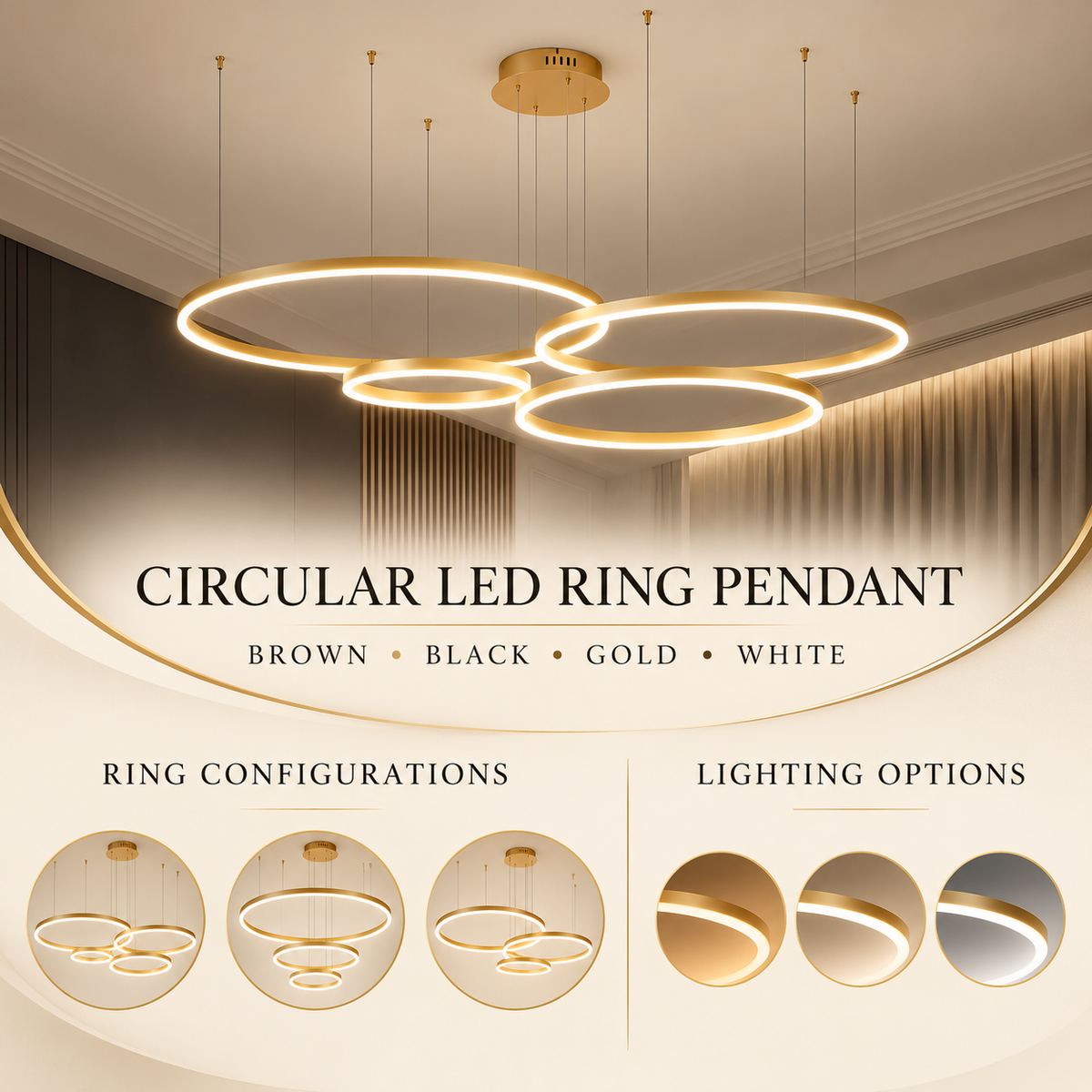 Circular LED Ring Pendant options infographic with no dimensions