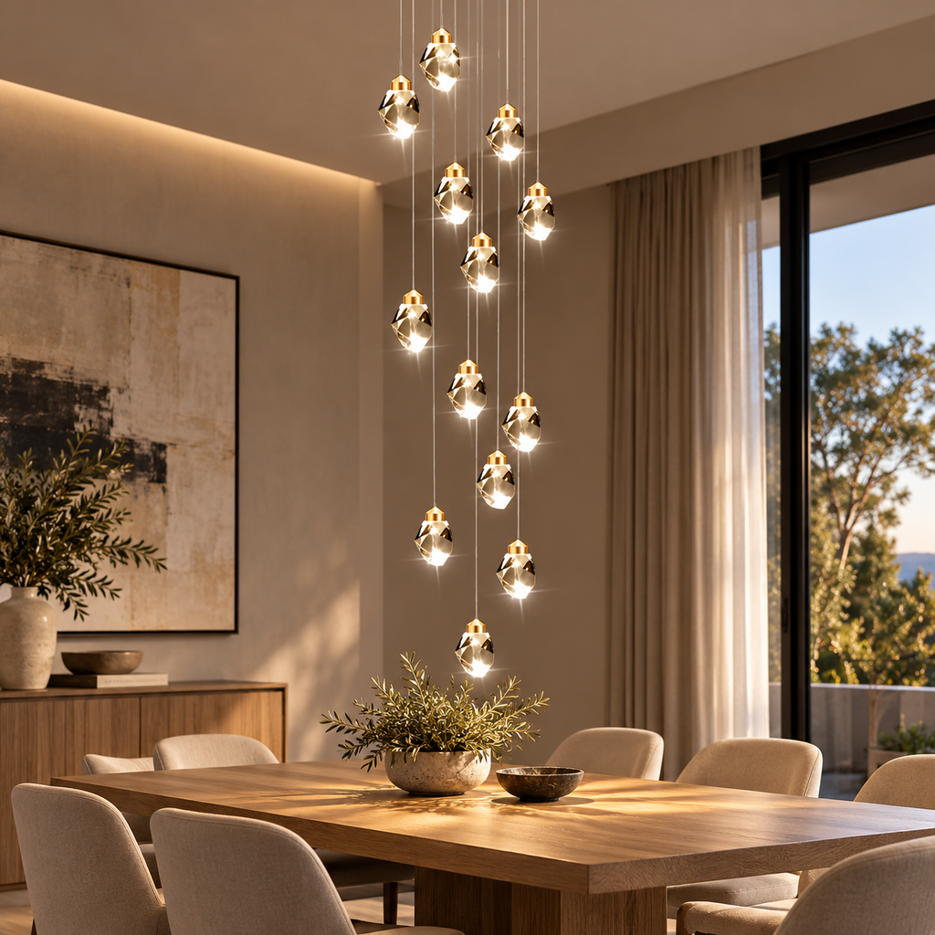 Cascading Crystal LED Chandelier – Long Drop Staircase Pendant, 3–35 Heads shown in a refined contemporary interior