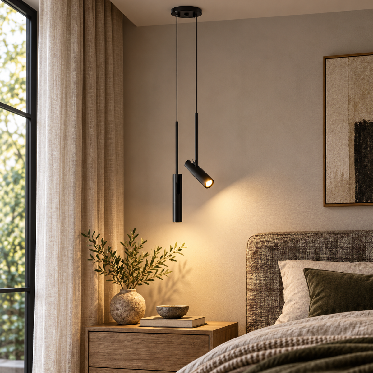 Adjustable Cylinder LED Pendant Light – Black or Brass-Colour Bedside Spotlight, 1–2 Heads shown in a refined contemporary interior
